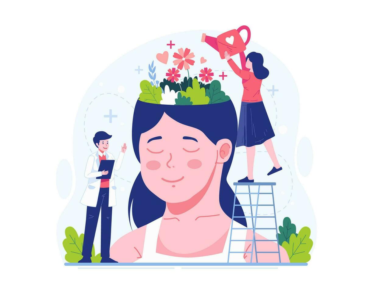 mundo mental salud día concepto ilustración. un mujer riego floreciente flores creciente en un enorme hembra cabeza. psicológico apoyo, sano mente, y positivo pensando vector