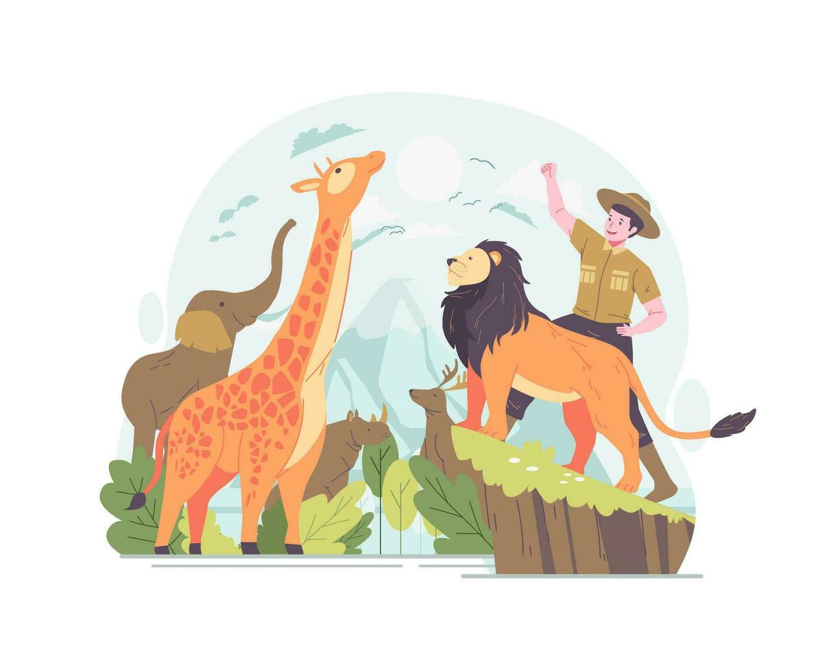 mundo animal día ilustración. un masculino zoo guardián con animales celebra mundo animal día. mundo fauna silvestre día vector