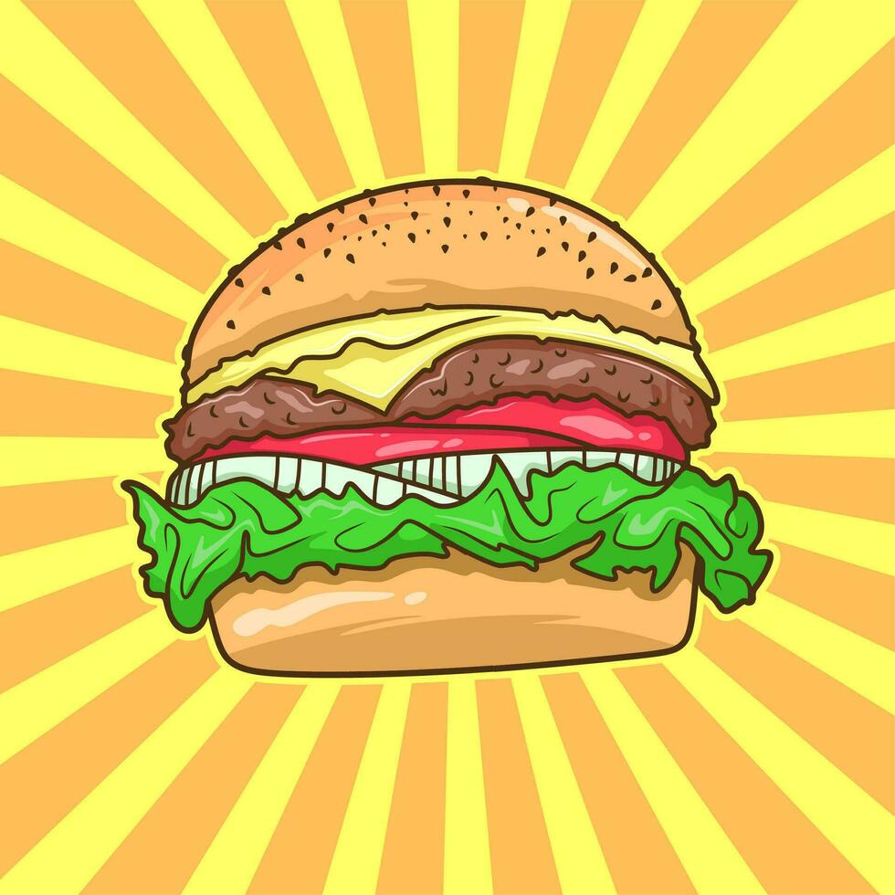Cartoon tasty big hamburger with cheese and sesame seeds vector illustration