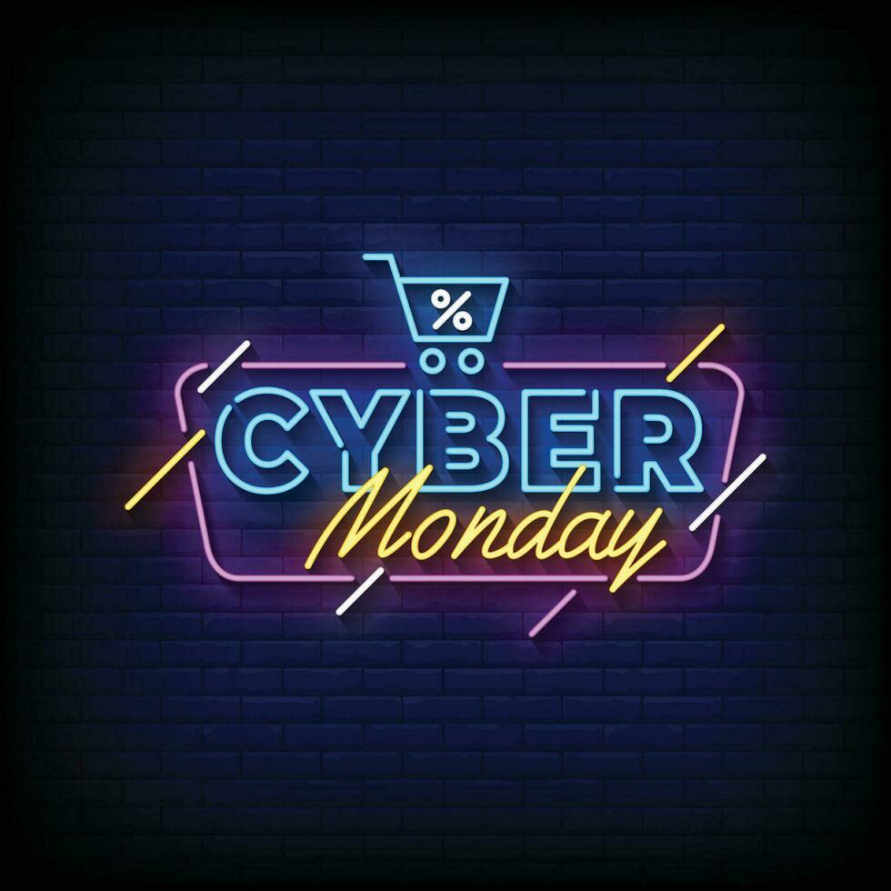 Neon Sign cyber monday with brick wall background vector
