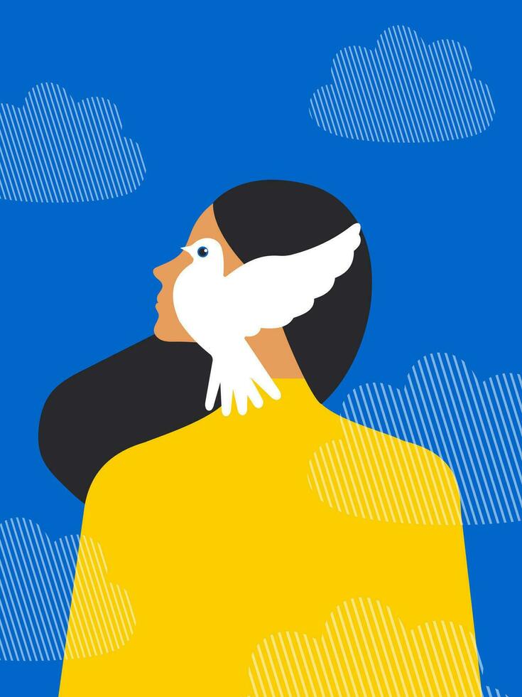 A woman and a white bird on a vertical blue background with clouds. Mental health concept. Vector. vector