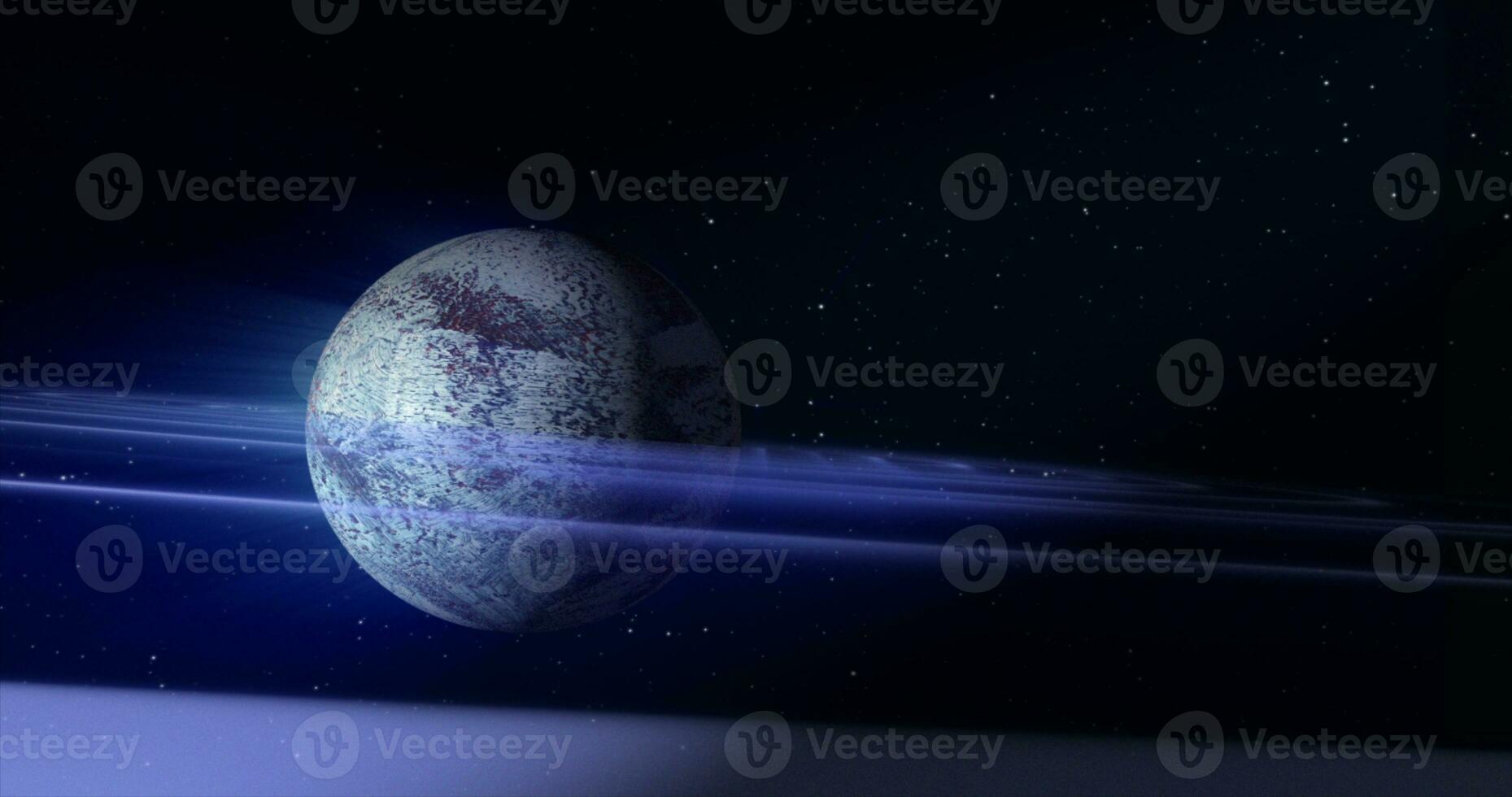 Abstract blue space planet with a round asteroid belt ring futuristic hi-tech on the background of stars in open space photo