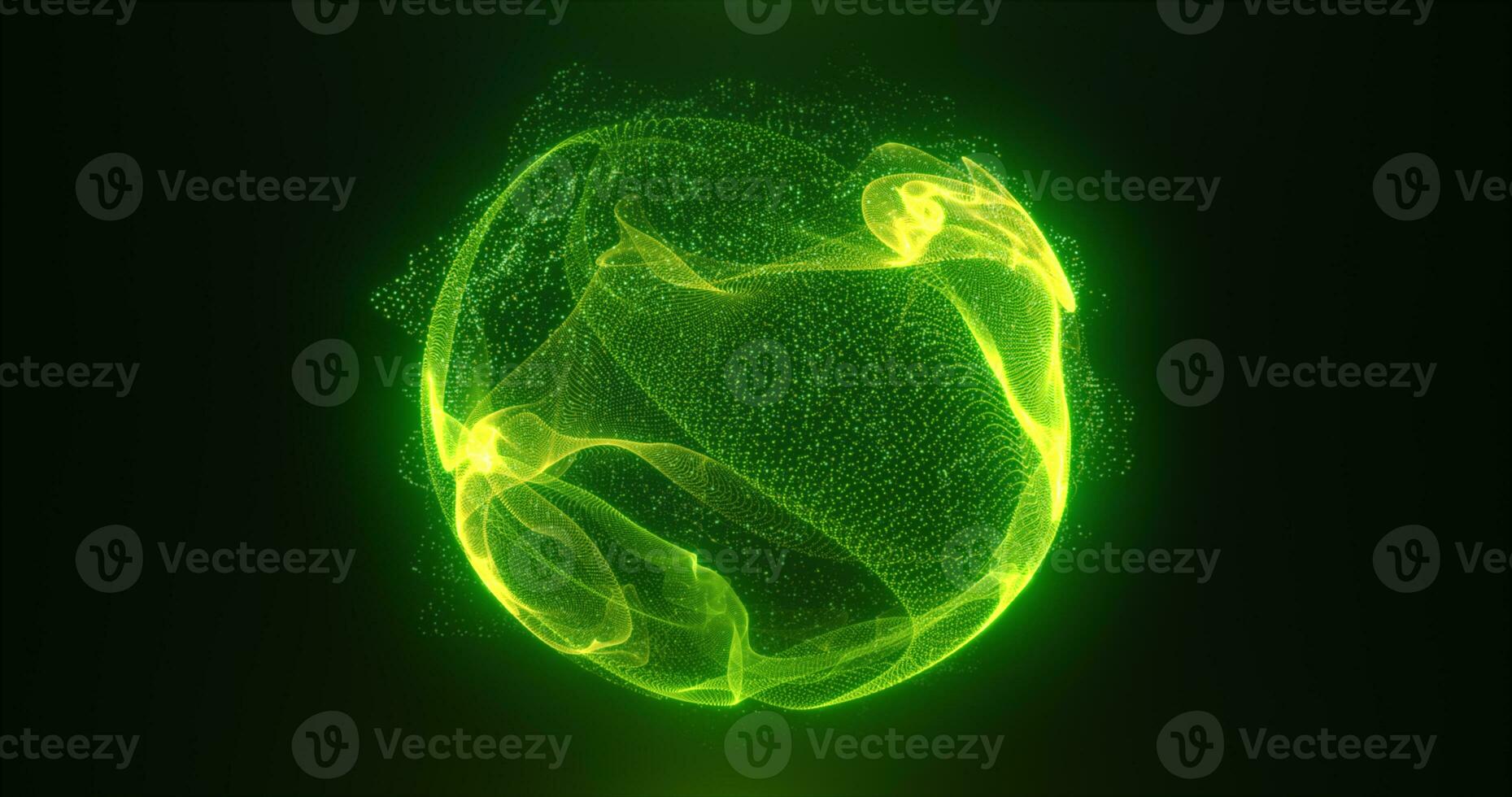 Abstract green energy sphere of particles and waves of magical glowing on a dark background photo