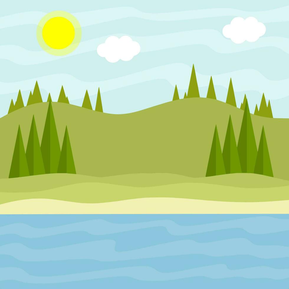 Forest lake and pond. Beautiful summer place to relax and landscape. Cartoon flat illustration vector