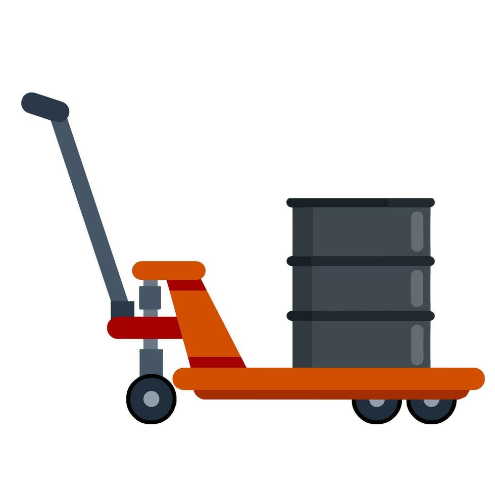 Cart with barrel of oil. Industrial shipping. Can with gasoline and fuel. Loading. Handcart on wheels with load. Flat Platform trolley, Storage and logistics in warehouse vector