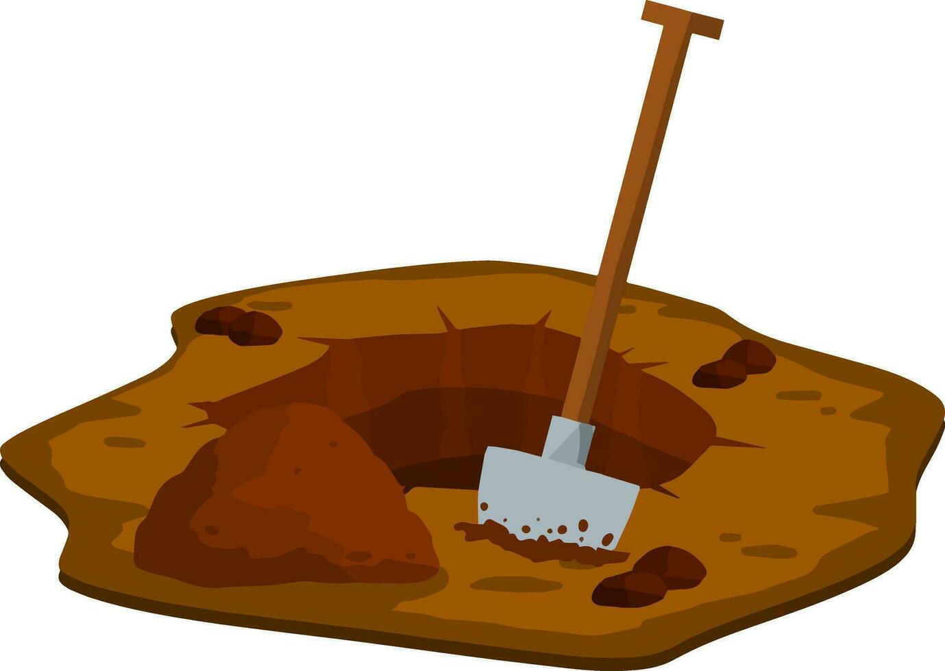 Digging a hole. Shovel and dry brown earth. Grave and excavation. Cartoon flat illustration in white background. Funeral in desert. Pile dirt and stones vector