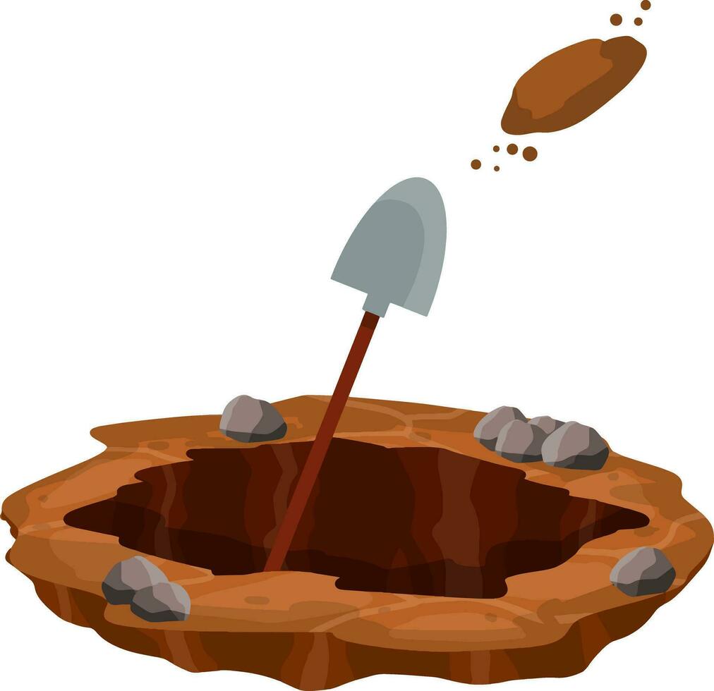 Digging a hole. Shovel and dry brown earth. Grave and excavation. Cartoon flat illustration in white background. Funeral in desert. Pile dirt and stones vector