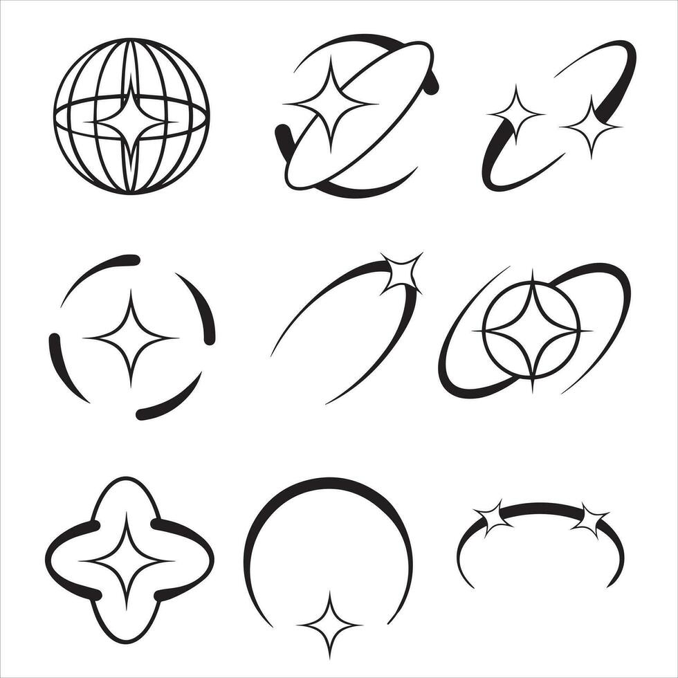 Y2K stars, starburst and retro futuristic graphic set. Collection of Trendy brutal rounded ring collection vector