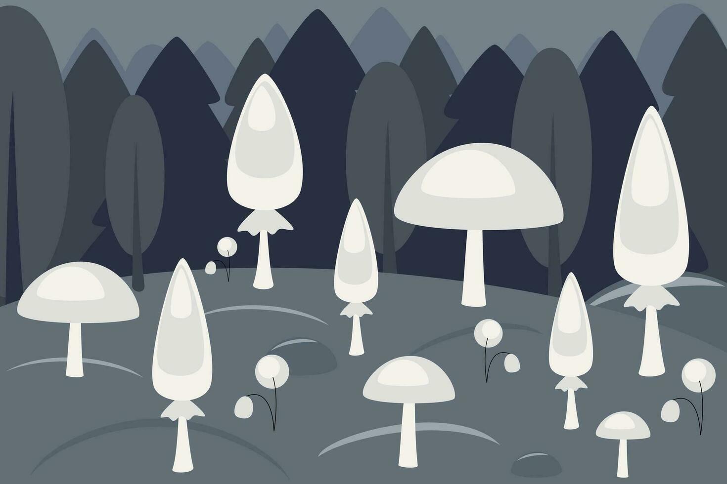 Mushrooms in magic forest at night. Fantastic woods landscape with trees, mushrooms, flowers and grass in mystic light, path and stones. Vector cartoon illustration