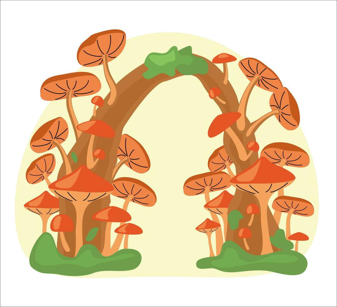 Fantastic mushrooms grow on a tree. The concept of autumn, season, mysticism, picking mushrooms. Vector illustration.