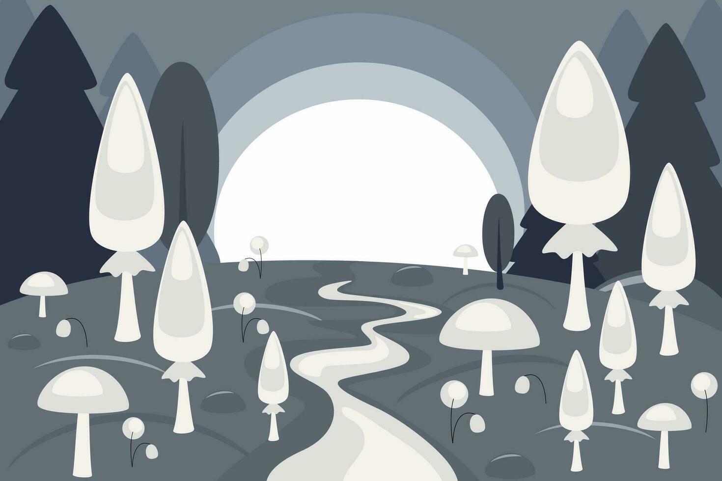 hongos en magia bosque a noche. fantástico bosque paisaje con árboles, hongos, flores y césped en místico luz, camino y piedras vector dibujos animados ilustración