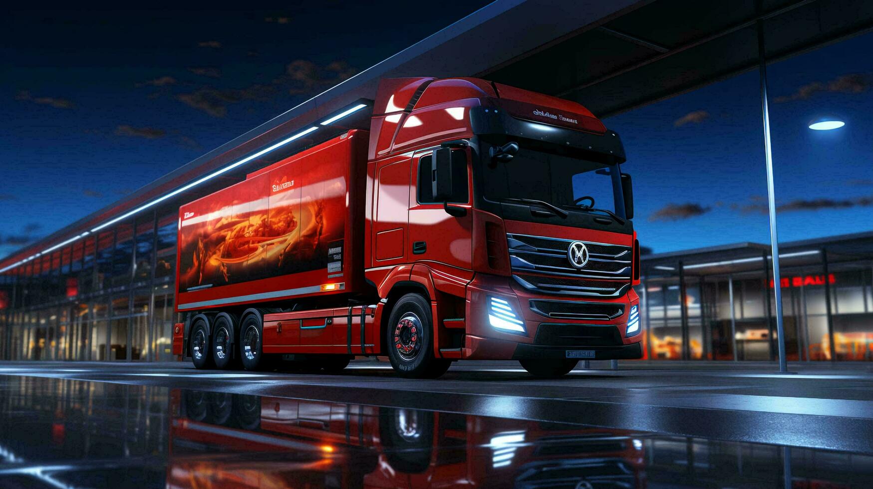 A big truck is driving along the highway delivering goods. The concept of logistics and delivery routes by road. AI generated photo