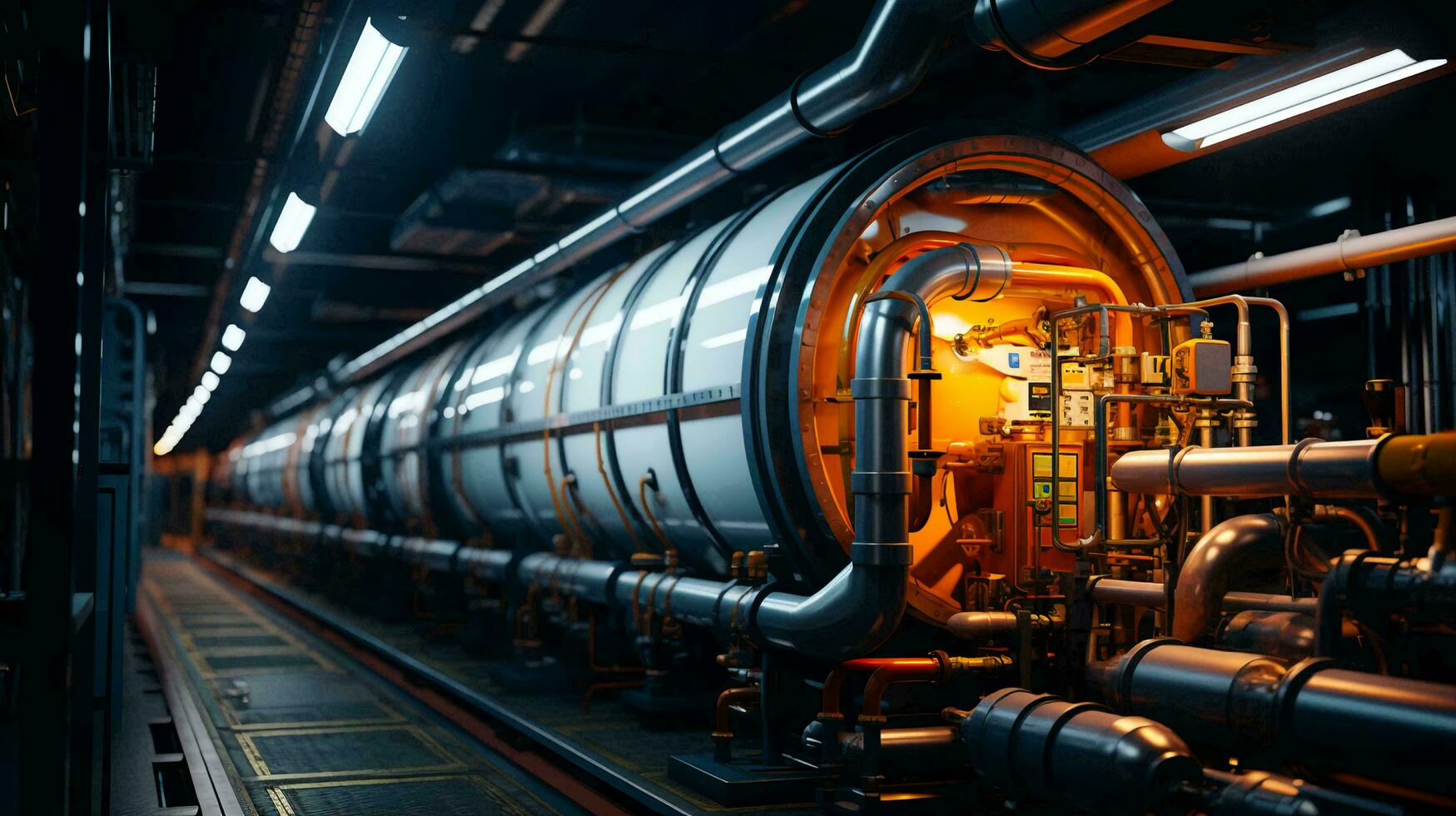 Modern chemical industrial equipment, shell-and-tube heat exchangers for cooling liquids in an oil refinery, petrochemical plant. AI generated photo