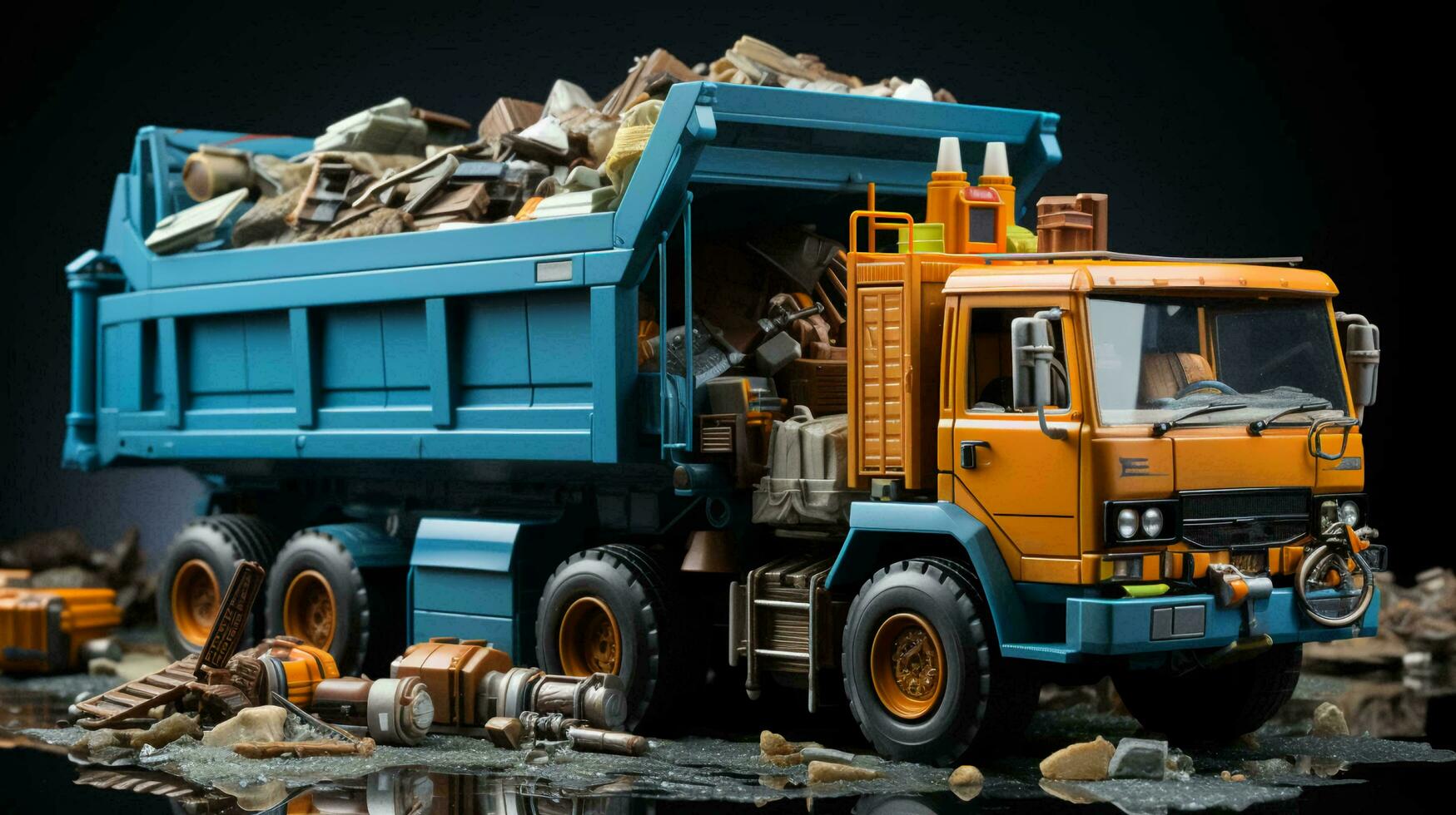 Garbage truck with waste. The concept of recycling, separate waste collection to improve the environment. AI generated photo