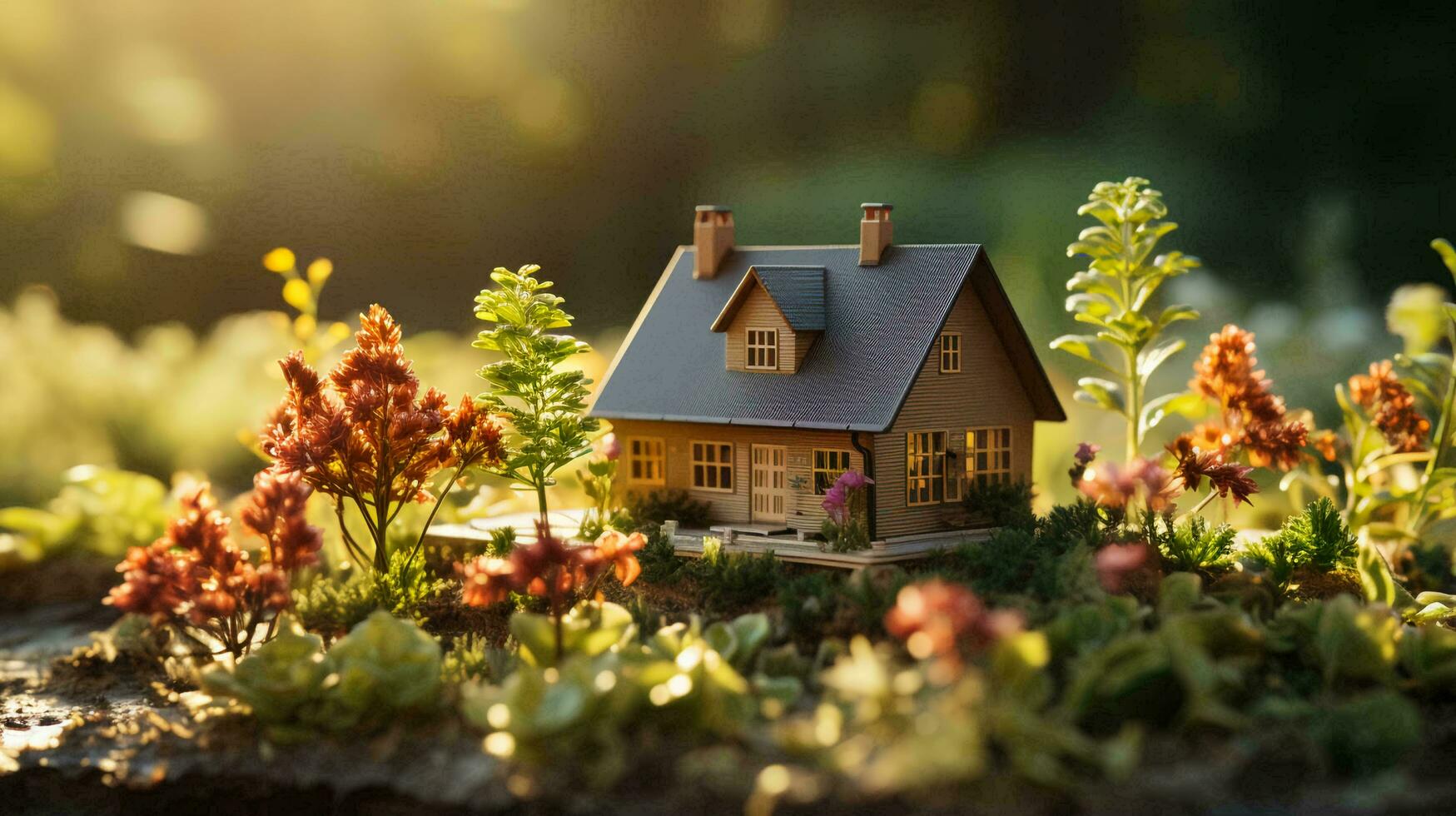 A small model of a toy country house against the backdrop of nature. The concept of real estate outside the city in a mortgage, a loan for housing. AI generated photo