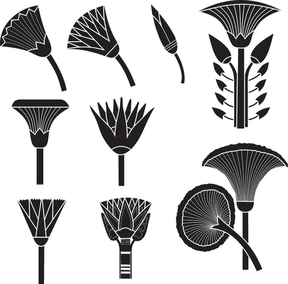 Vector black monochrome set of ancient Egyptian signs and symbols. Lotus flower