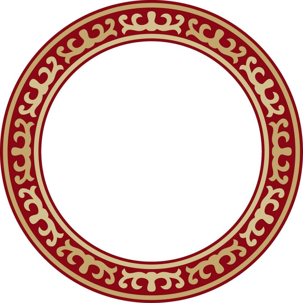 Vector red and gold round Kazakh national ornament. Ethnic pattern of the peoples of the Great Steppe, Mongols, Kyrgyz, Kalmyks, Buryats. circle, frame border..
