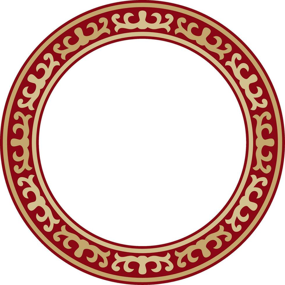 Vector red and gold round Kazakh national ornament. Ethnic pattern of the peoples of the Great Steppe, Mongols, Kyrgyz, Kalmyks, Buryats. circle, frame border..