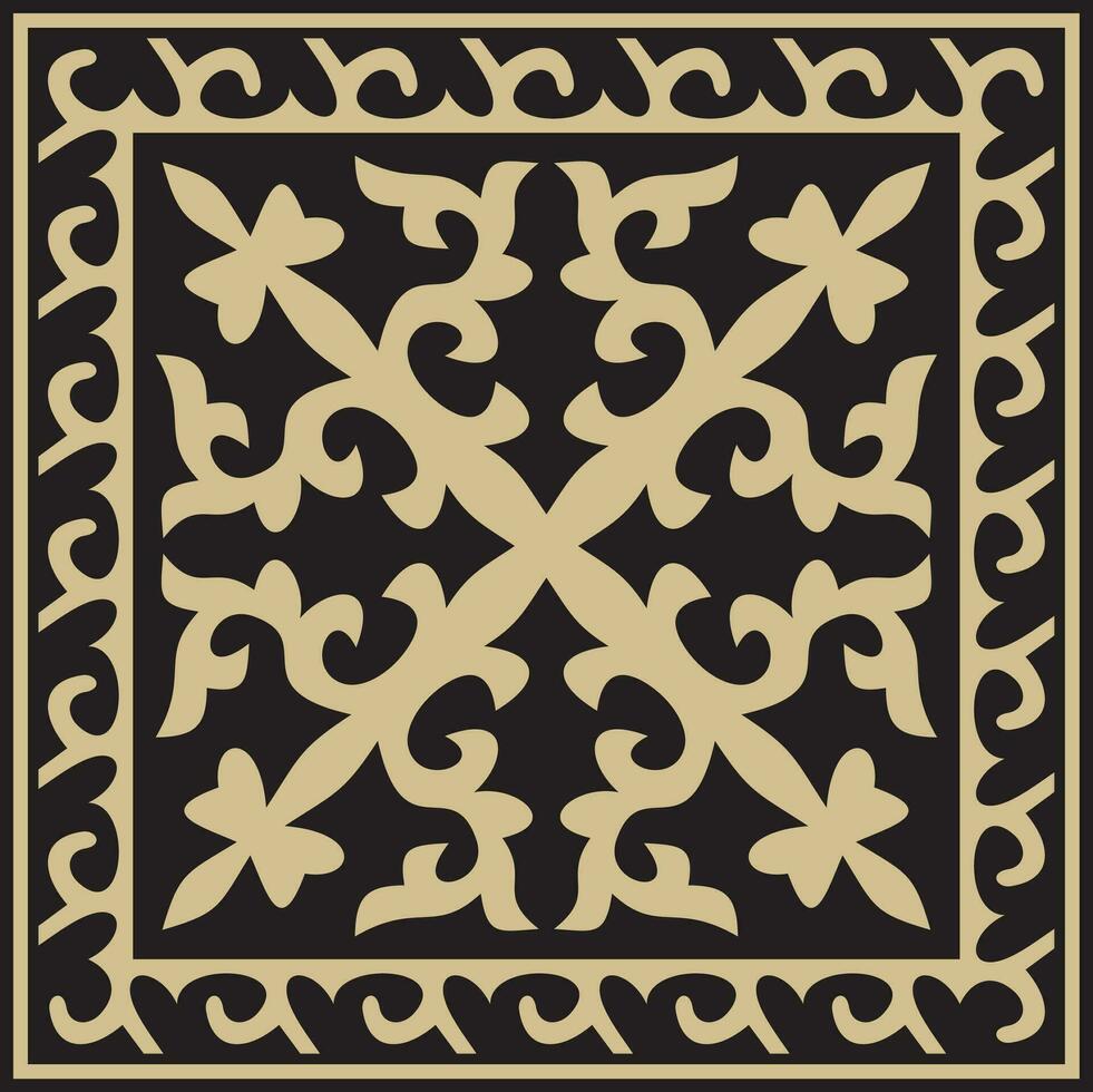 Vector golden with black Square Kazakh national ornament. Ethnic pattern of the peoples of the Great Steppe, .Mongols, Kyrgyz, Kalmyks, Buryats