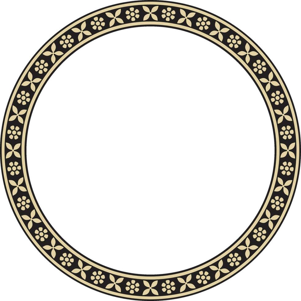 Vector round gold and black Indian national ornament. Ethnic plant circle, border. Frame, flower ring. Poppies and leaves..