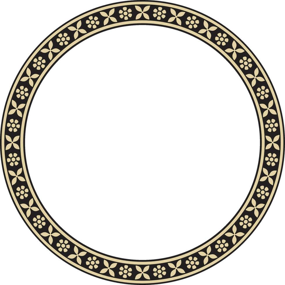 Vector round gold and black Indian national ornament. Ethnic plant circle, border. Frame, flower ring. Poppies and leaves..