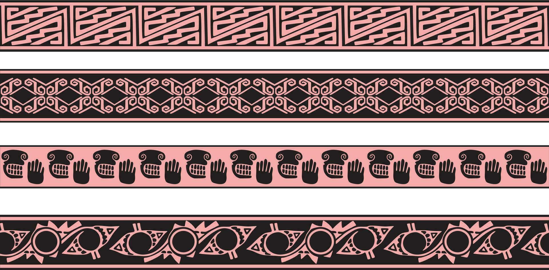 Vector set of pink and black Native American ornamental seamless borders. Framework of the peoples of America, Aztecs, Maya, Incas