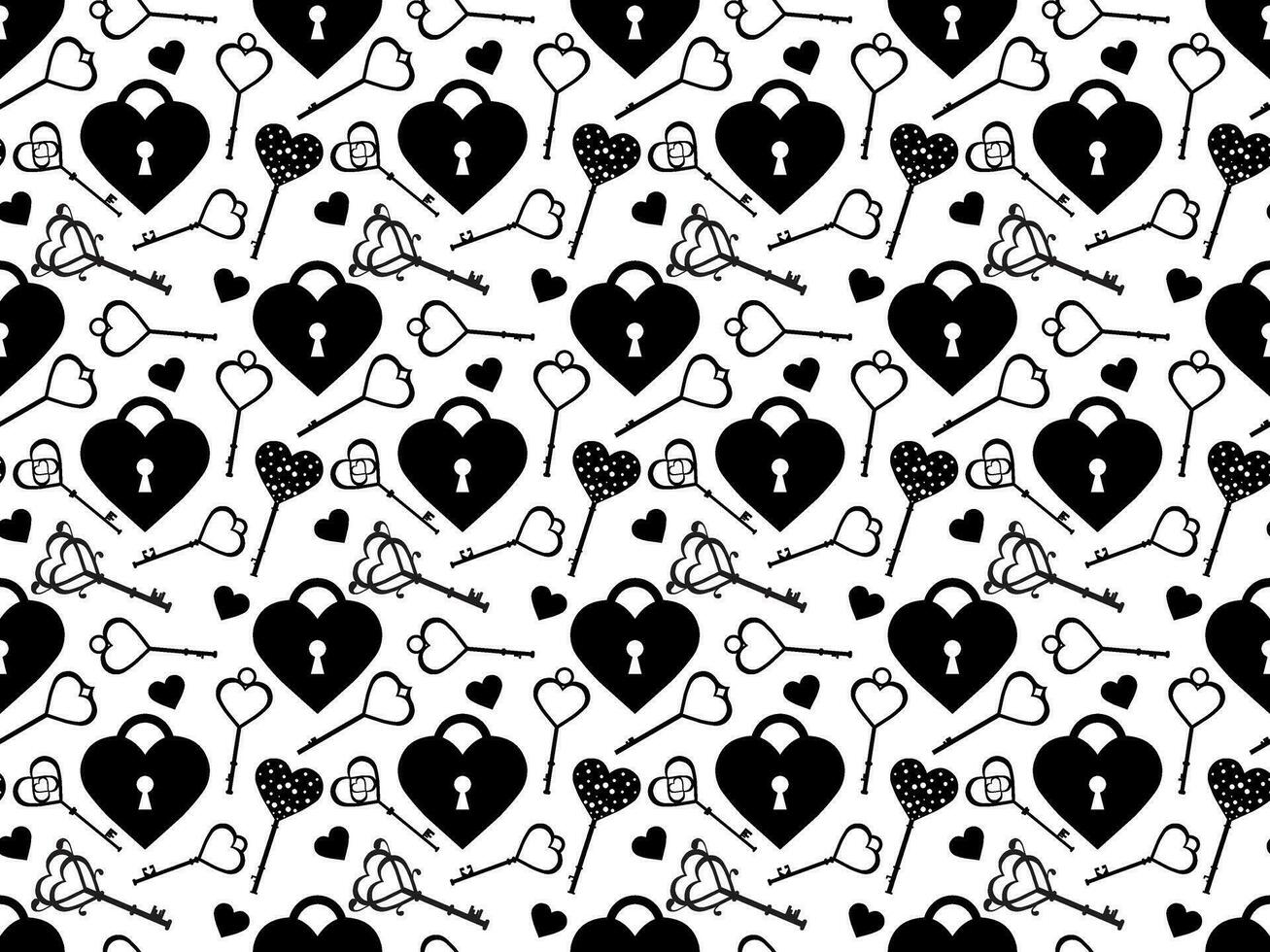 Lock shaped hearts and skeleton keys. Seamless pattern. Black and white. St. Valentine's Day. Love. vector