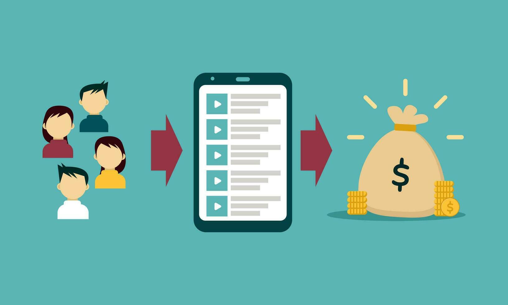 Content and Audience Monetization. Depicted with a group of people, smartphone, dollar bag and pile of gold coins. vector