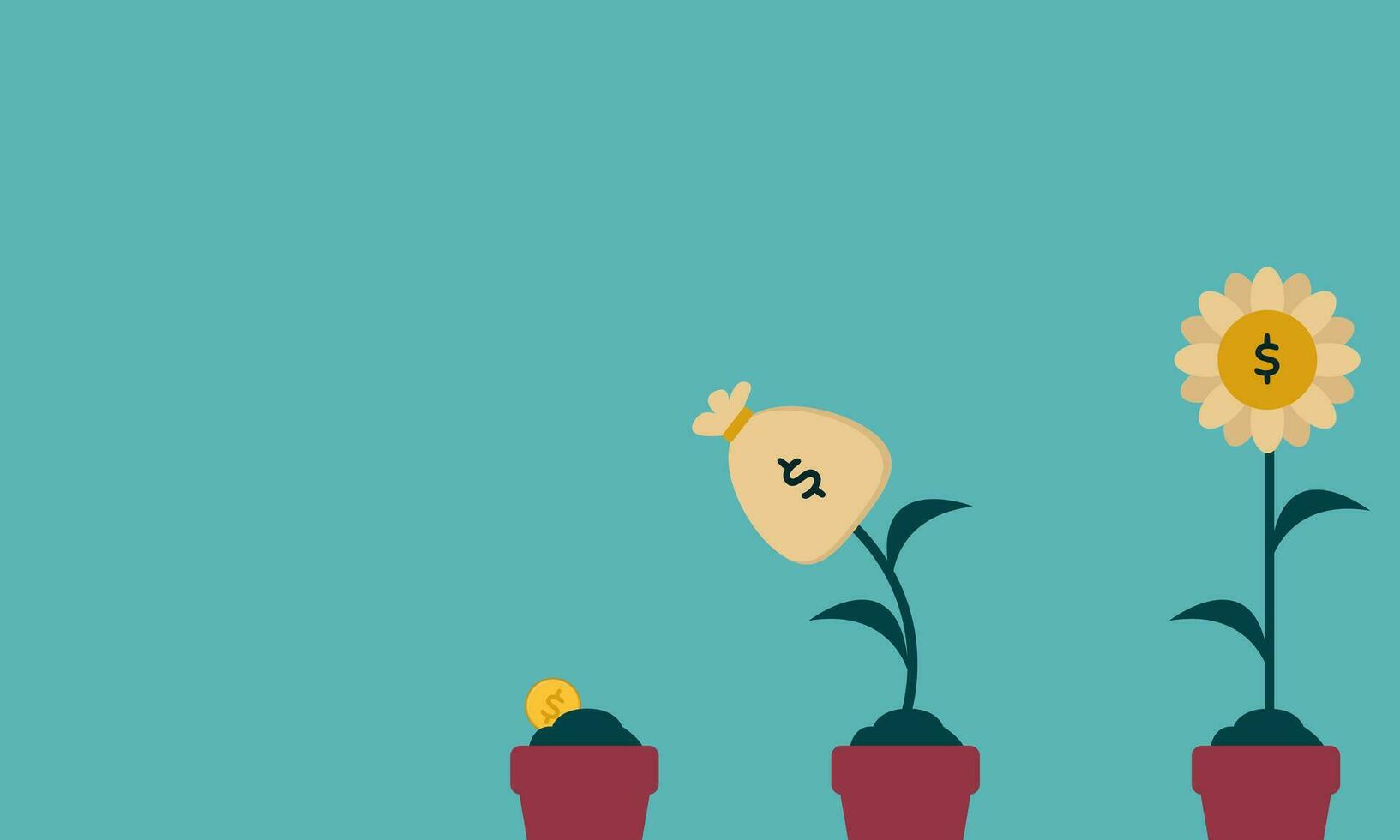 Investment Growth. Depicted with gold coins, dollar bill bags, pots and blooming flowers. vector