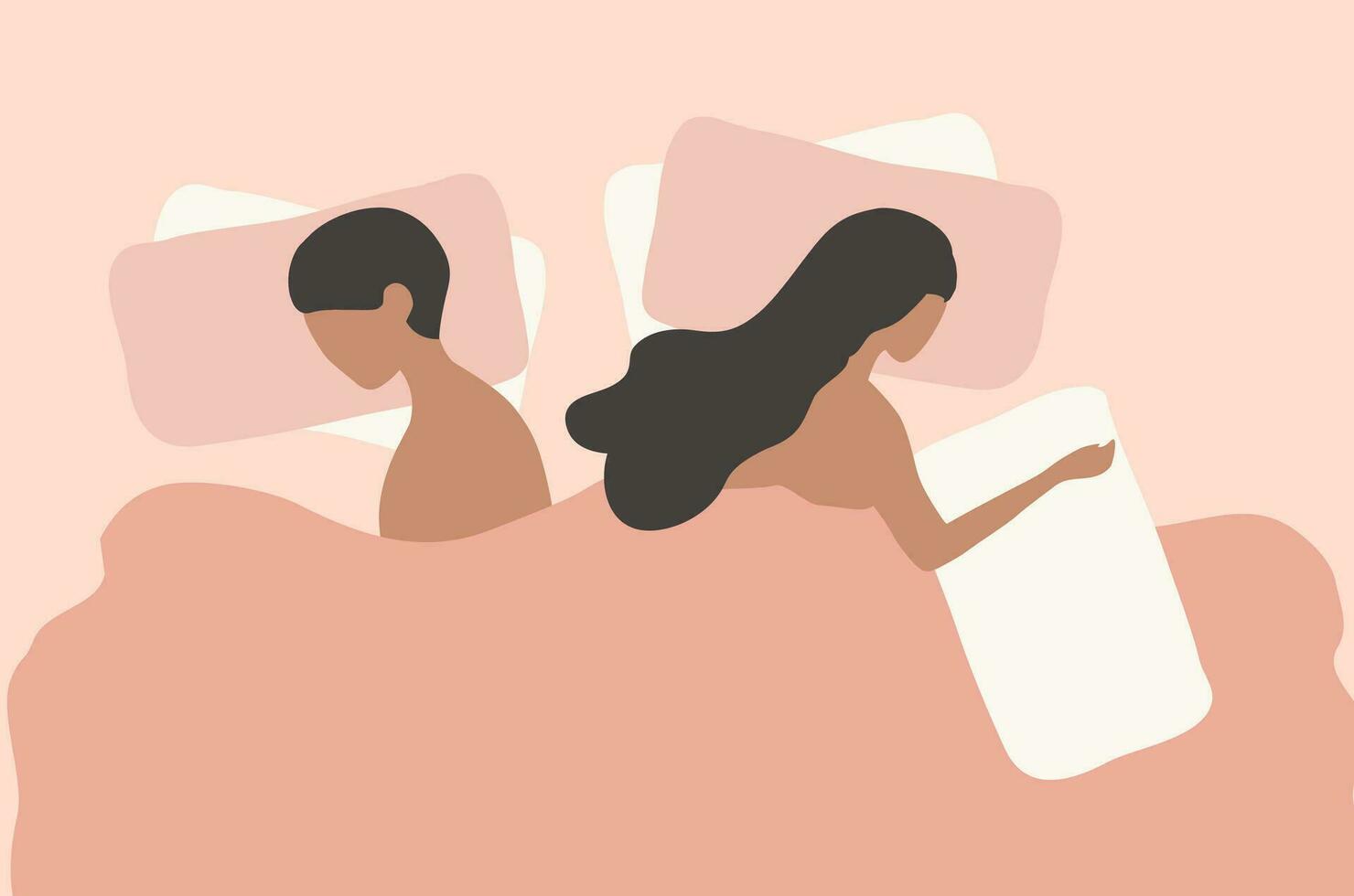 Young couple sleeping and turned back each other. Intimate, married or sexual problems vector illustration