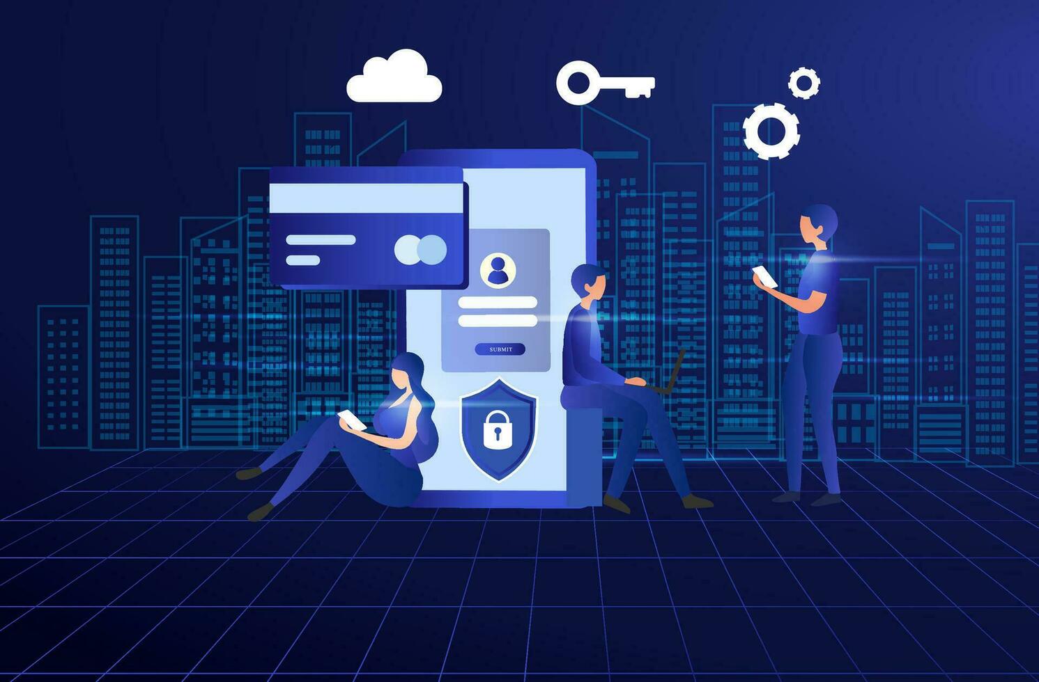 Cyber security and data protection privacy, PDPA concept. Businessman secure data management and protect data from hacker attacks and padlock icon to internet technology networking vector