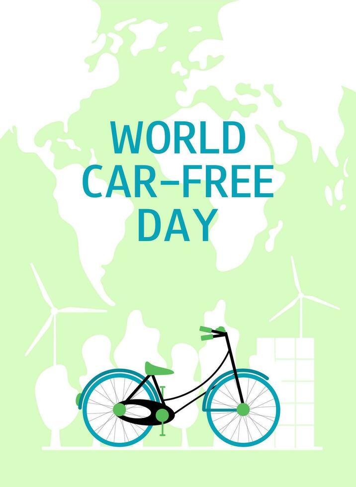 World car free day. Bicycle on the green background. World bicycle day banner or poster. Global environment. Vector illustration.