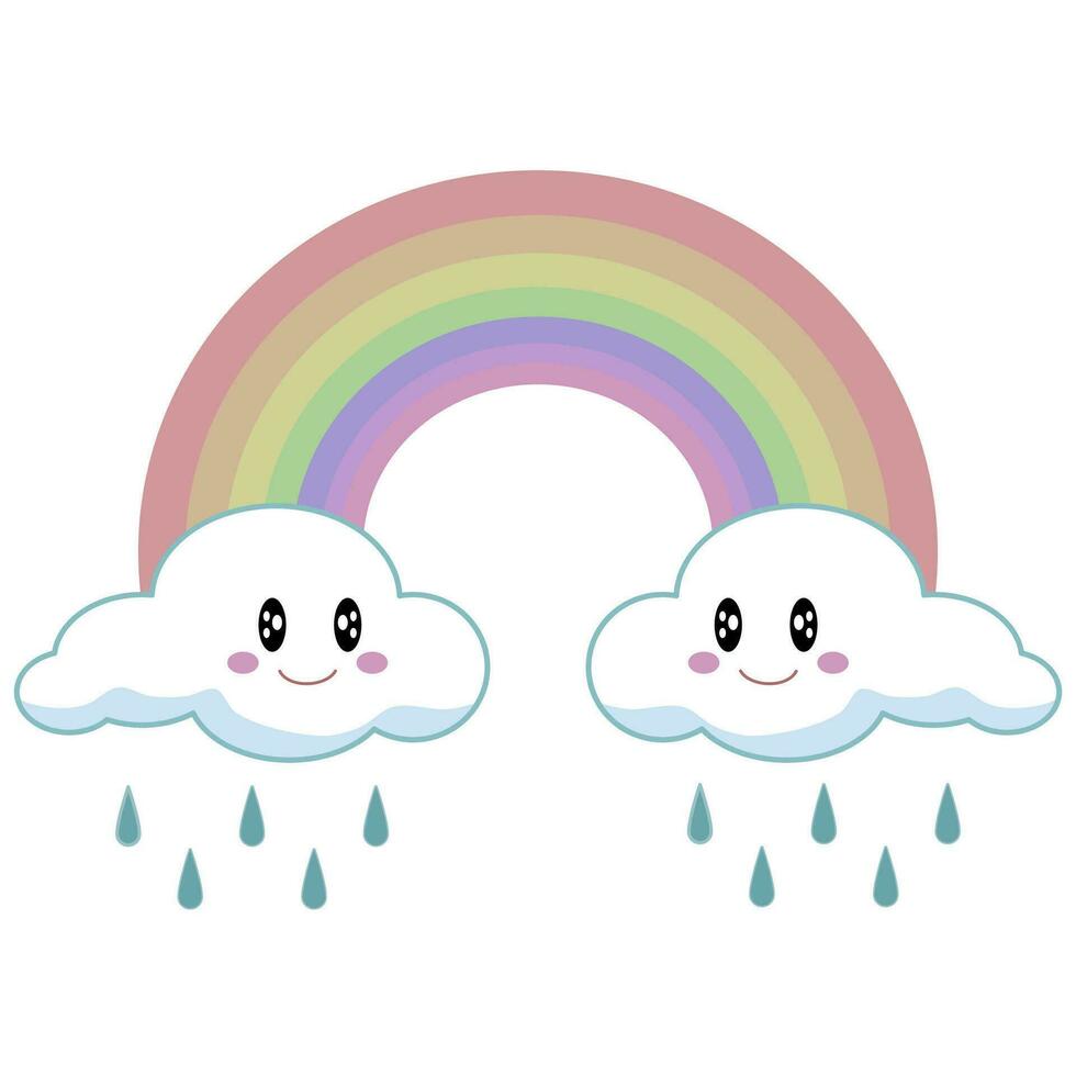 Rainbow and cute clouds with rain isolated on white background in pastel colors. vector