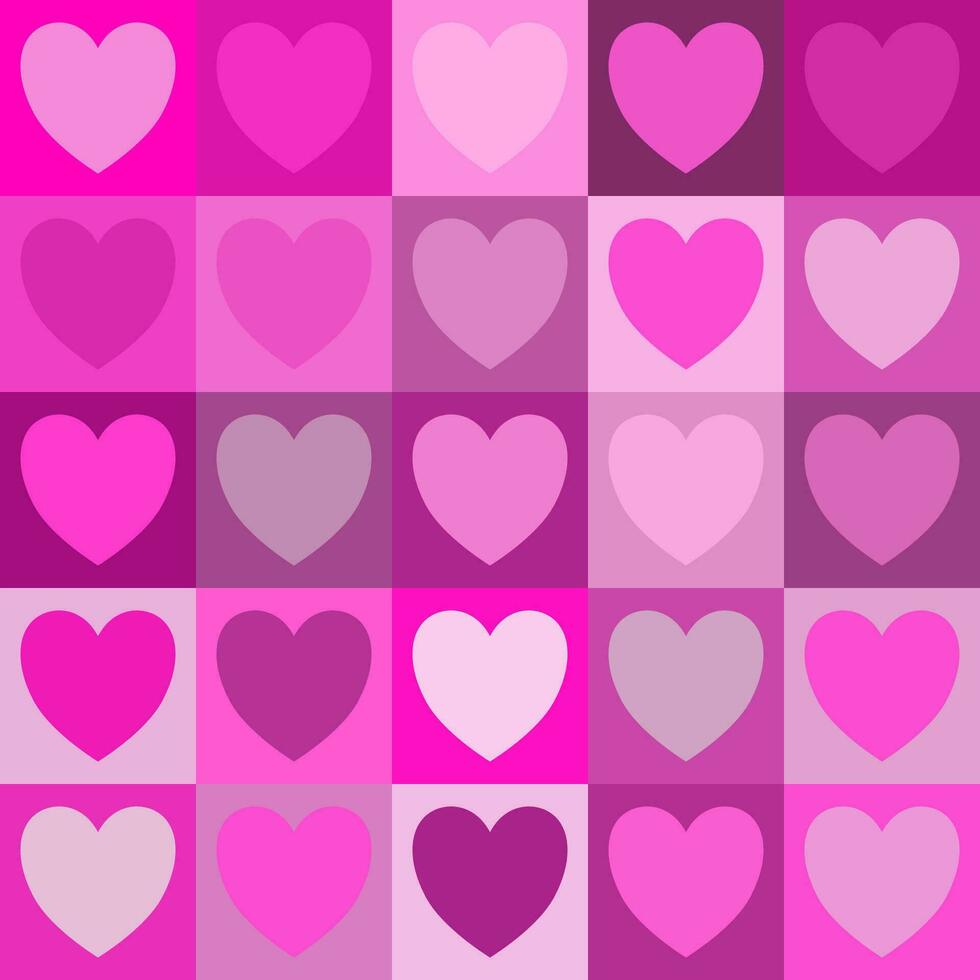 Seamless checkered pattern with pink hearts. Abstract geometric background vector