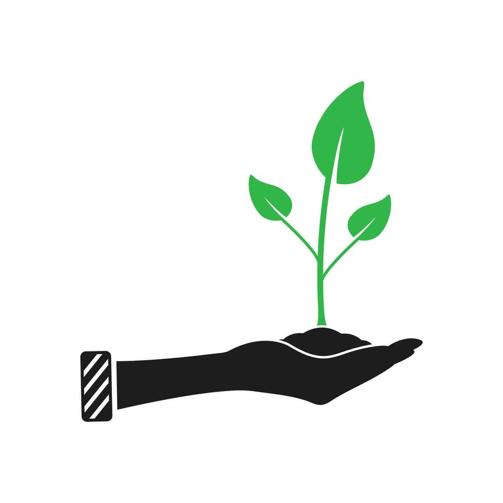 Business Startup Icon. With Hand, Green Leaves and Plant Symbol Symbols. Editable Flat Vector Illustration.