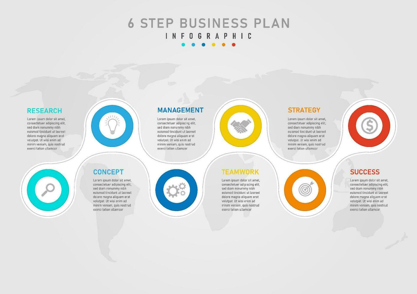infografía 6 6 pasos negocio plan a éxito modelo multi de colores círculos y blanco circulo en centrar con gris íconos letras encima y abajo mapa abajo con un gris degradado antecedentes. vector
