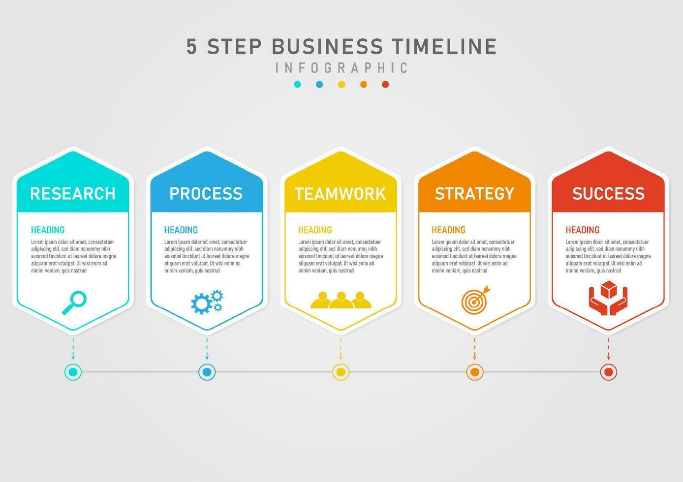 Business plan 5 step infographic template Multi-colored acute-angled squares top right color font icon below The middle frame placed the letters. arrow with circle Below the gray gradient background vector