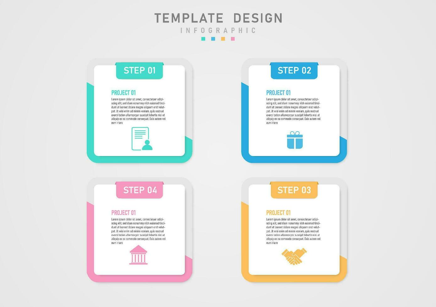 infographic template 4 steps square business project Multi-colored and white square letters in the center of the colored icons below. The frame and letters above the gray gradient background. vector