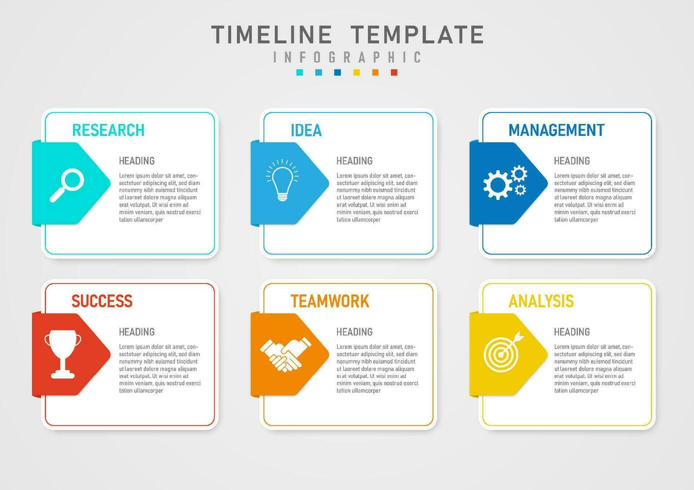 infographic template 6 steps business plan for success white square and a multi-colored frame, the letter in the center of the multi-colored acute square on the left has an icon in the middle. vector