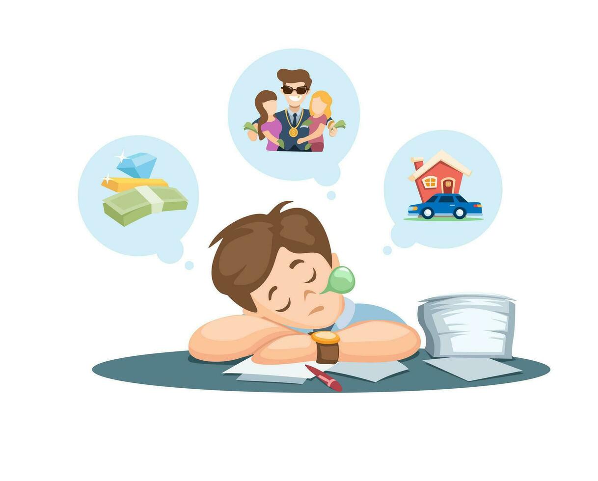 Office Workers Fall Asleep While Working And Dream Of Rich And Success Cartoon illustration Vector