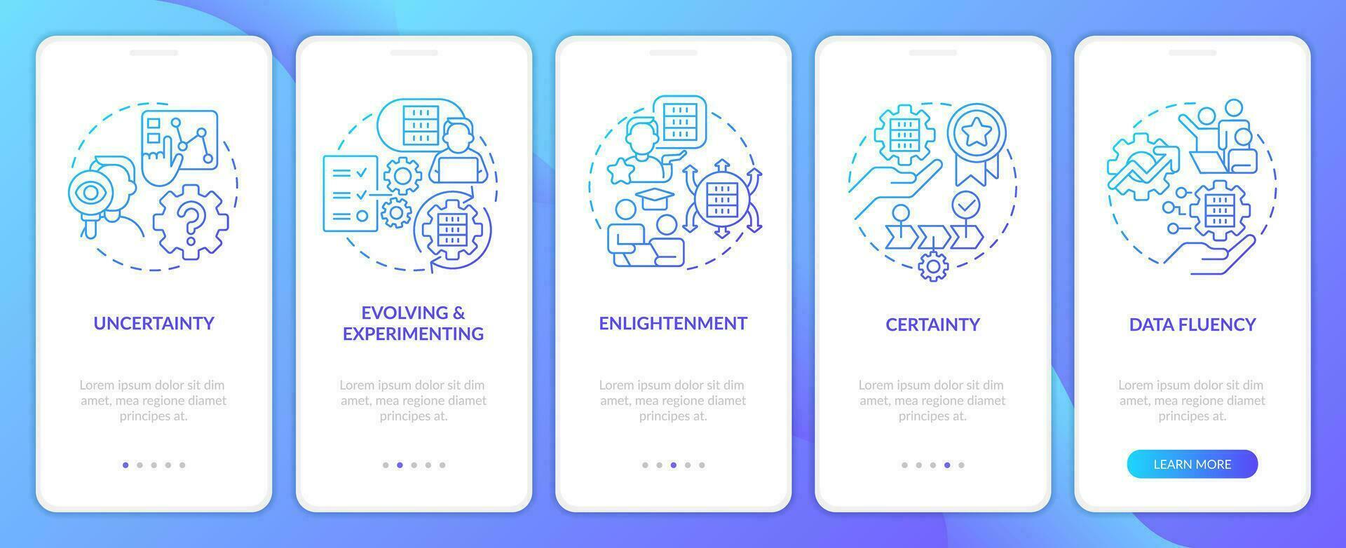 ICT literacy levels blue gradient onboarding mobile app screen. Employment walkthrough 5 steps graphic instructions with linear concepts. UI, UX, GUI template vector