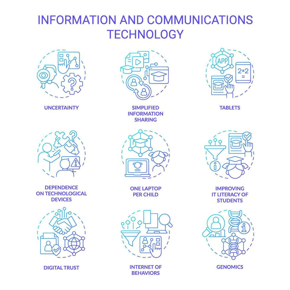 Information and communications technology blue gradient concept icons set. ICT development idea thin line color illustrations. Isolated symbols vector