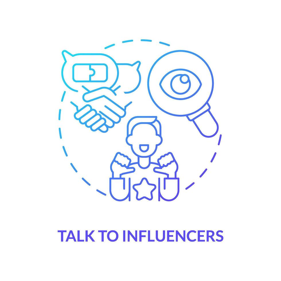 Talk to influencers blue gradient concept icon. Content creator. Digital event. Industry meeting. Social media. Marketing strategy abstract idea thin line illustration. Isolated outline drawing vector