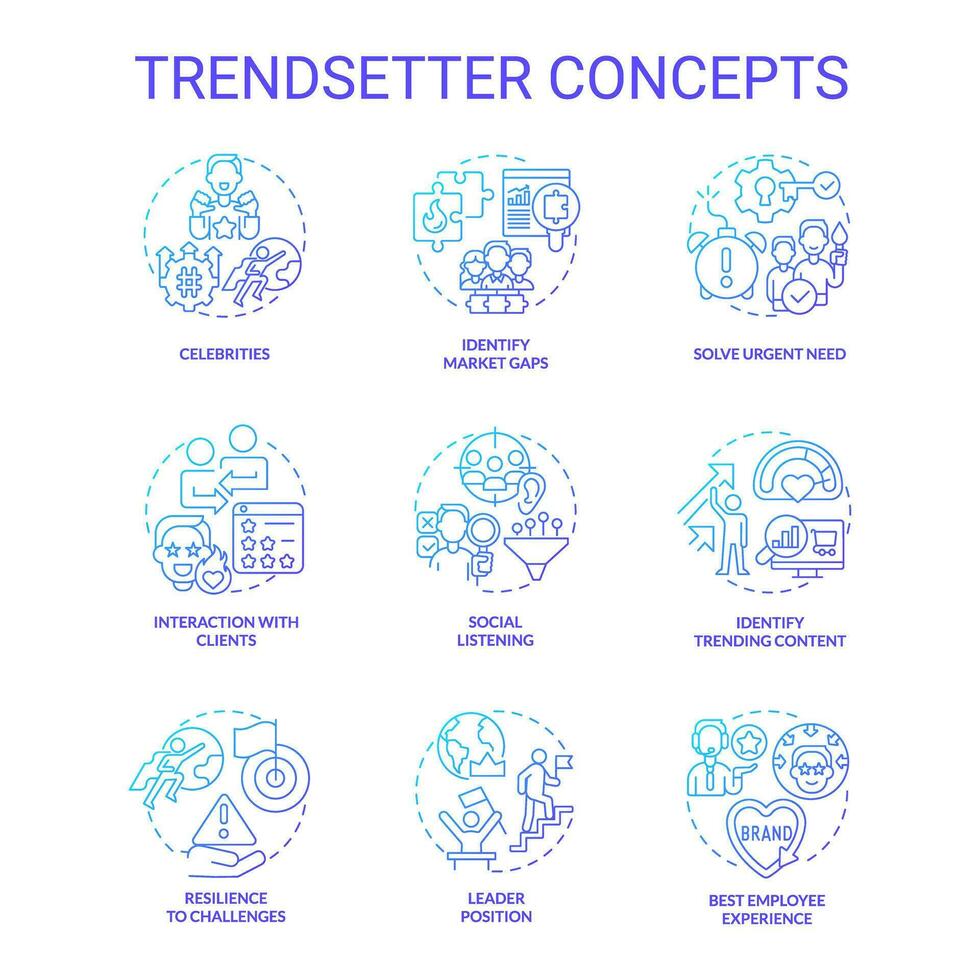 pionero de la tendencia azul degradado concepto íconos colocar. social medios de comunicación. nuevo acercarse. profético analítica. márketing estrategia. innovador idea. tendencia setter idea Delgado línea color ilustraciones. aislado símbolos vector