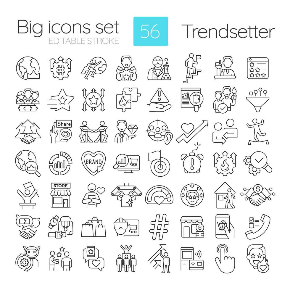 Trendsetter linear icons set. New trend. Predictive analytics. Innovative solution. Creative thinking. Customizable thin line symbols. Isolated vector outline illustrations. Editable stroke