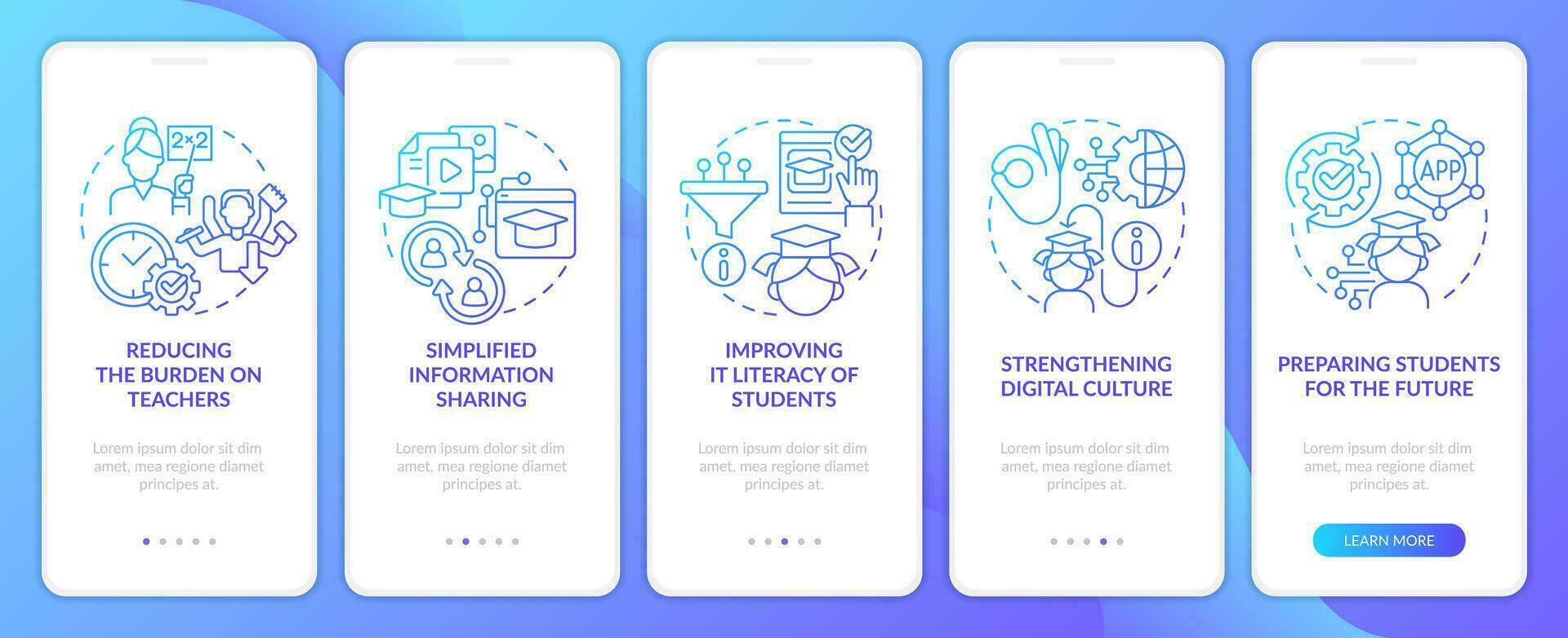 ICT benefits in education blue gradient onboarding mobile app screen. Studying walkthrough 5 steps graphic instructions with linear concepts. UI, UX, GUI template vector