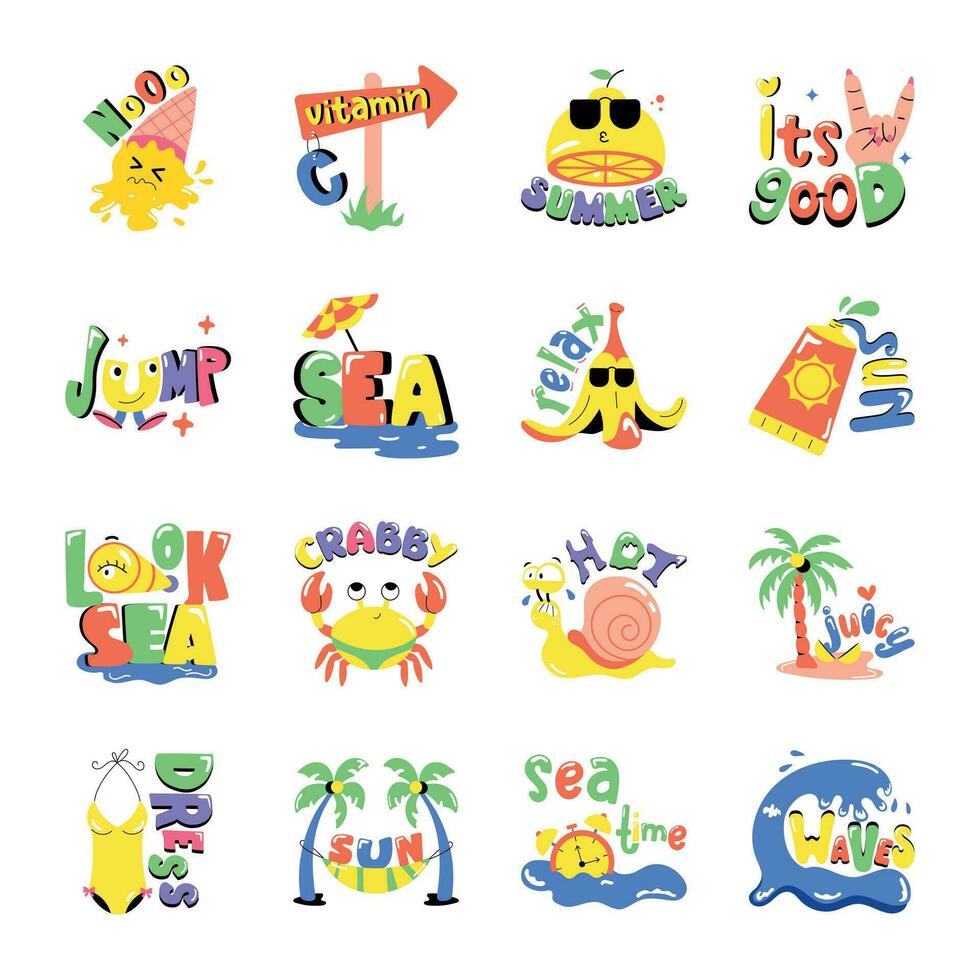 Pack of Summer Vibes Flat Stickers vector