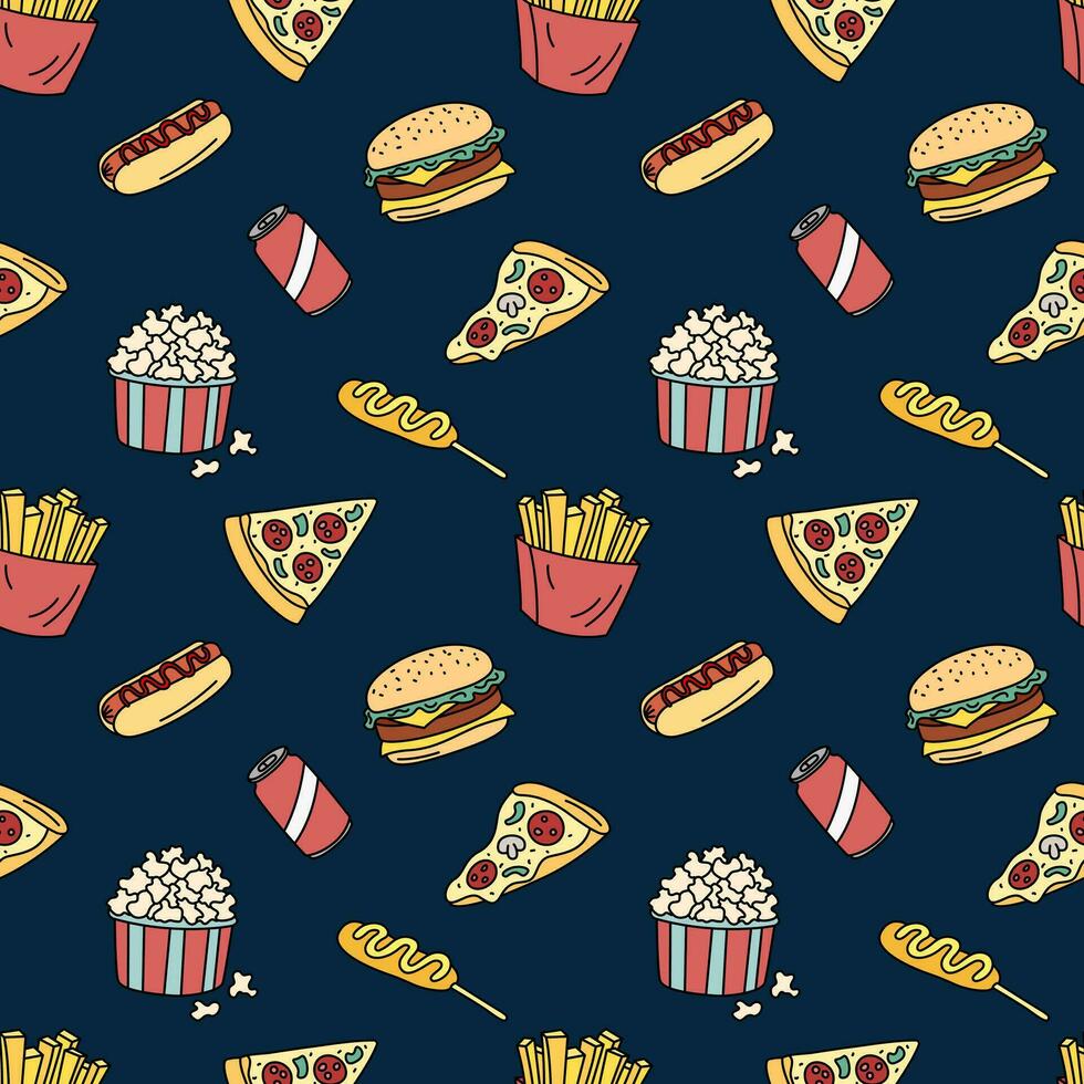 Fast food vector seamless pattern. Fastfood elements background. Hand drawn outline repeat illustration with hot dog, fries, cheeseburger, taco, pizza