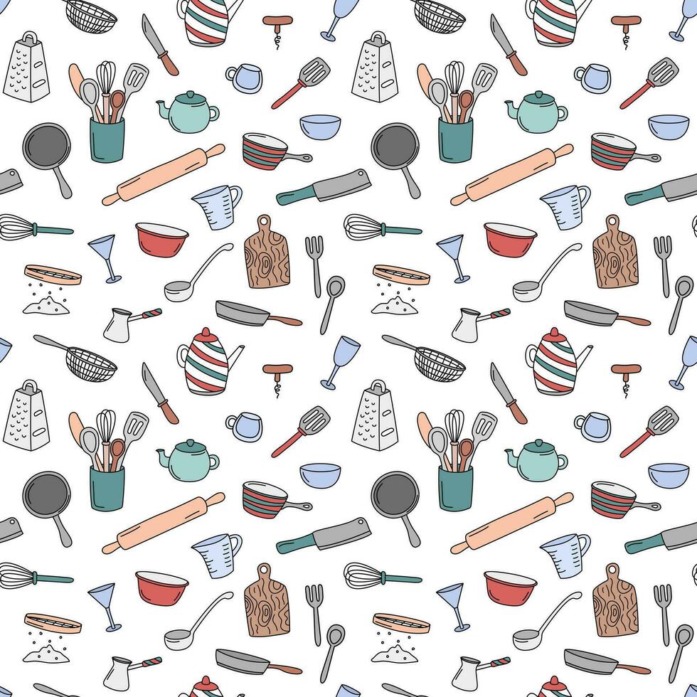 Kitchen doodles pattern. Kitchenware elements vector background. Cute doodle illustrations of cooking utensils