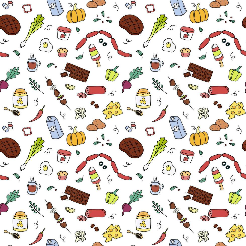 Food Pattern. Colorful doodle meal elements on white background. Cute repeat outline illustrations with fruits, vegetables, meat and dairy products vector